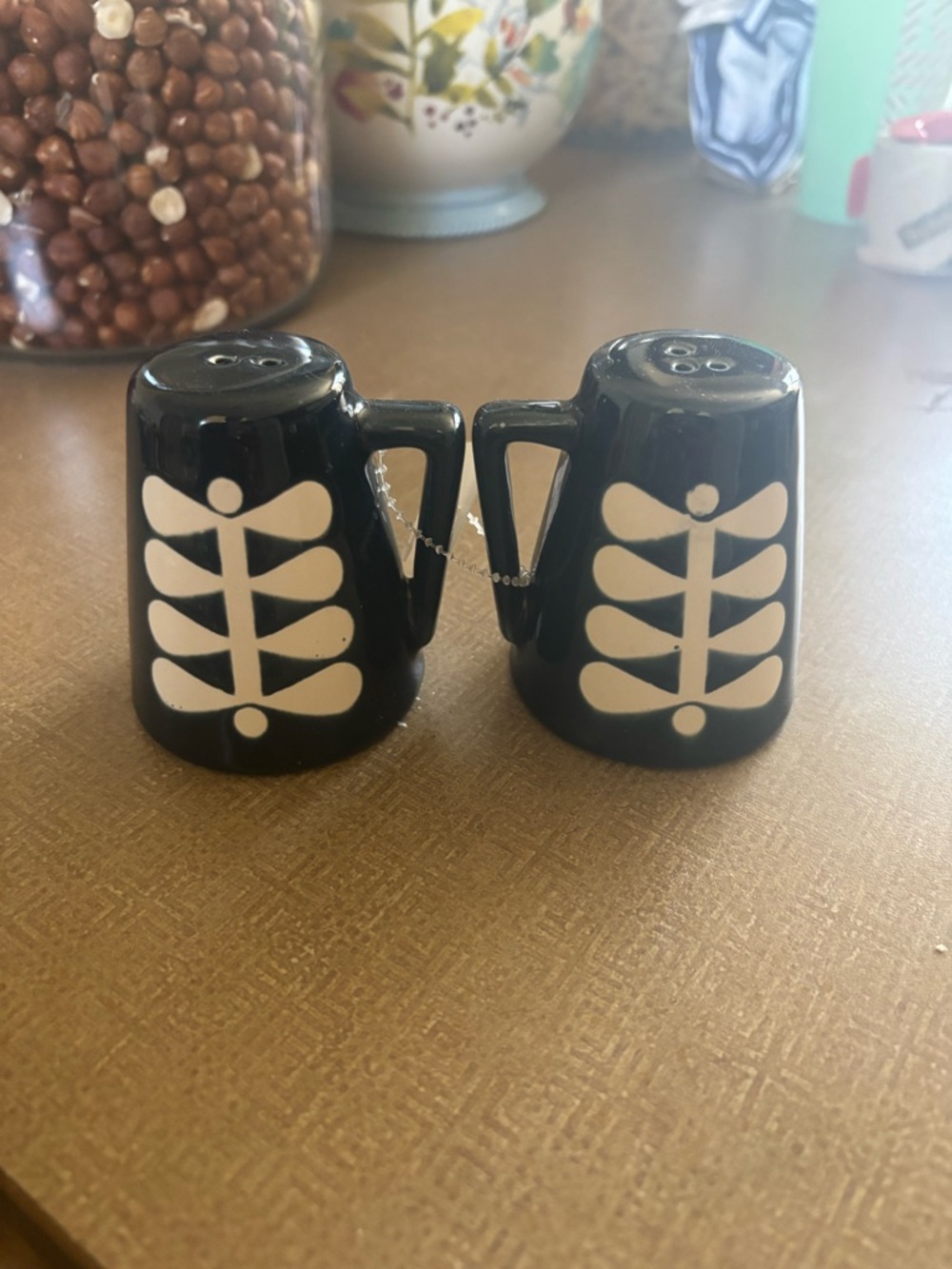 Black Ceramic Salt and Pepper Shaker Set with White Leaf Motif